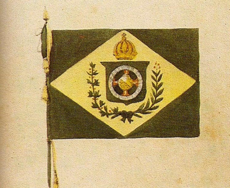 Bandeira e pavilhão brasileiros (detalhe), de Jean-Baptiste Debret, em Viagem pitoresca e histórica ao Brasil. Fonte: Wikimedia Commons